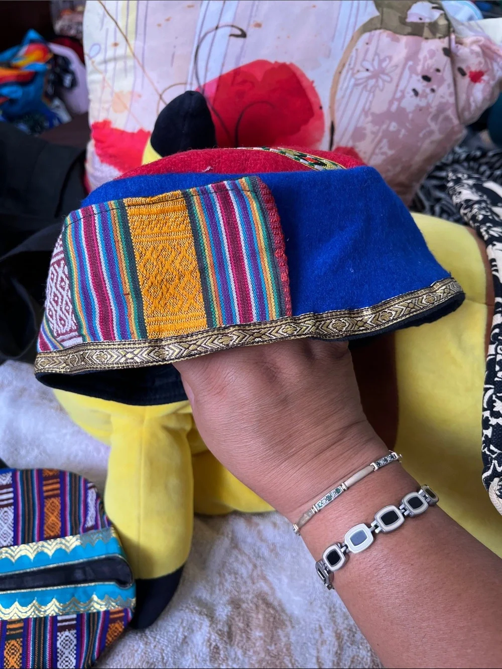 Men's Red Ethnic-Patterned Cap with Multicolor Trim